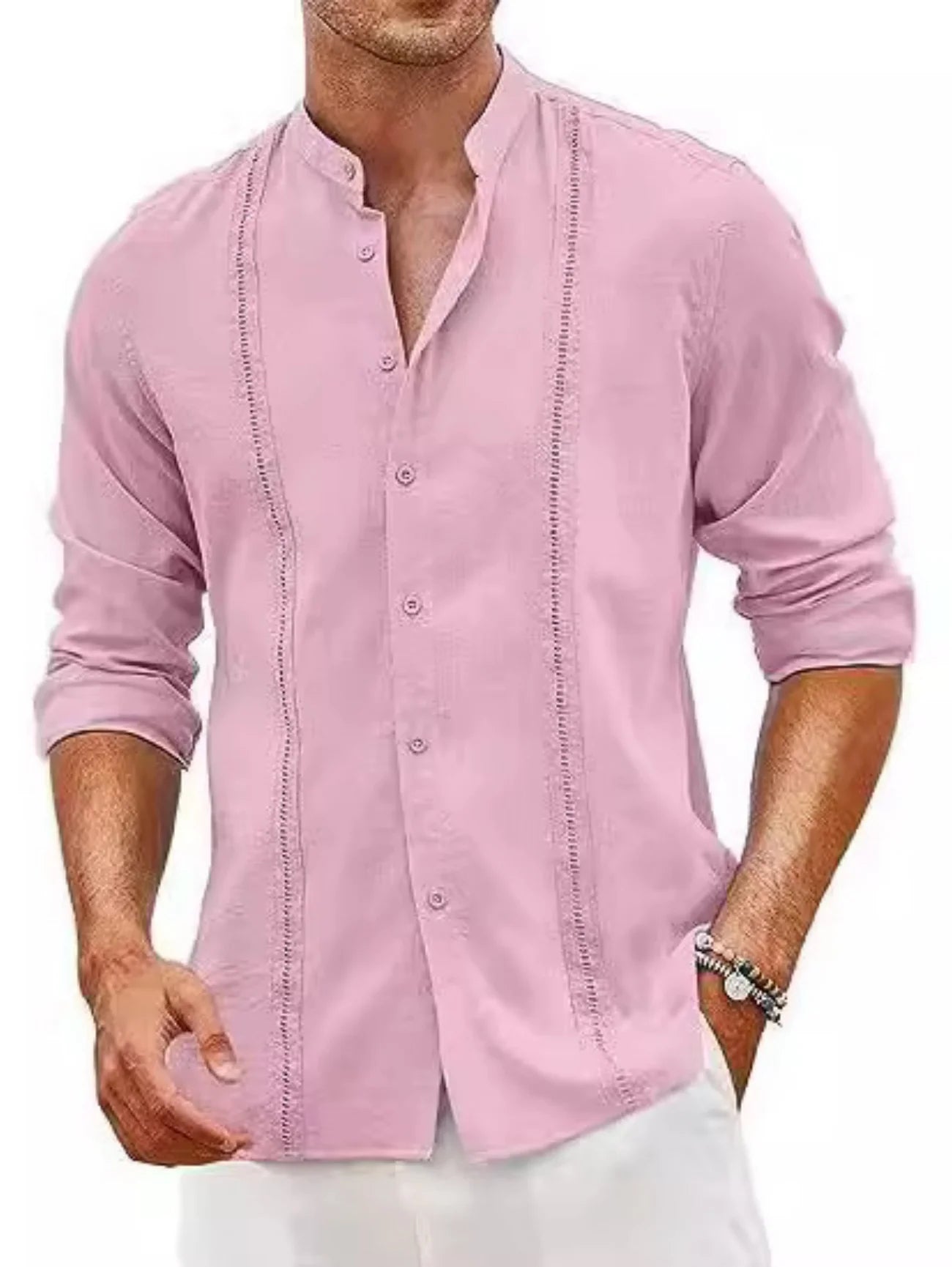New Men'S Stylish Cuban-Style Casual Shirt - Buttoned Summer Beach Vacation Cotton-Linen Crew-Neck Shirt - Fast Shipping