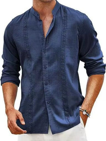 New Men'S Stylish Cuban-Style Casual Shirt - Buttoned Summer Beach Vacation Cotton-Linen Crew-Neck Shirt - Fast Shipping