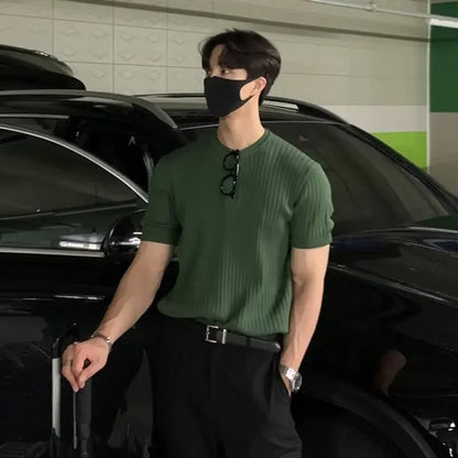 Summer Thin Ice Silk Knitted Top Men'S round Neck Slim Fit T-Shirt Trendy Short Sleeve Knitwear for Men