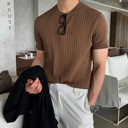 Summer Thin Ice Silk Knitted Top Men'S round Neck Slim Fit T-Shirt Trendy Short Sleeve Knitwear for Men
