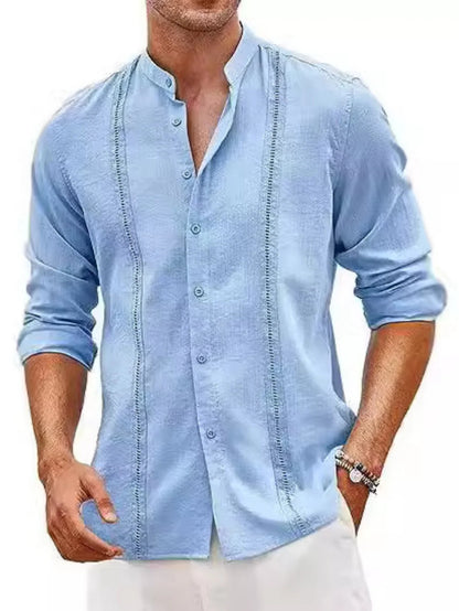 New Men'S Stylish Cuban-Style Casual Shirt - Buttoned Summer Beach Vacation Cotton-Linen Crew-Neck Shirt - Fast Shipping