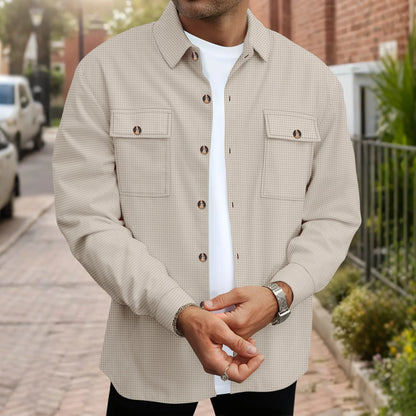 2025 Spring/Summer Men'S New Style Waffle Long-Sleeved Shirt for Daily Casual Wear with Double Pockets and Solid Collar Top