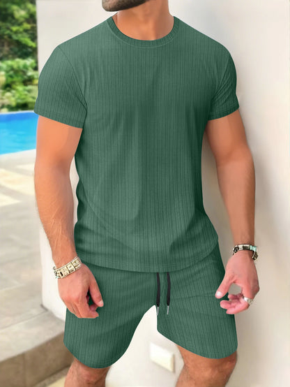 Summer Men'S Short-Sleeved and Shorts Set Simple and Casual High-Quality Outdoor Men'S Clothing Wear Fashionable Loose Pullover