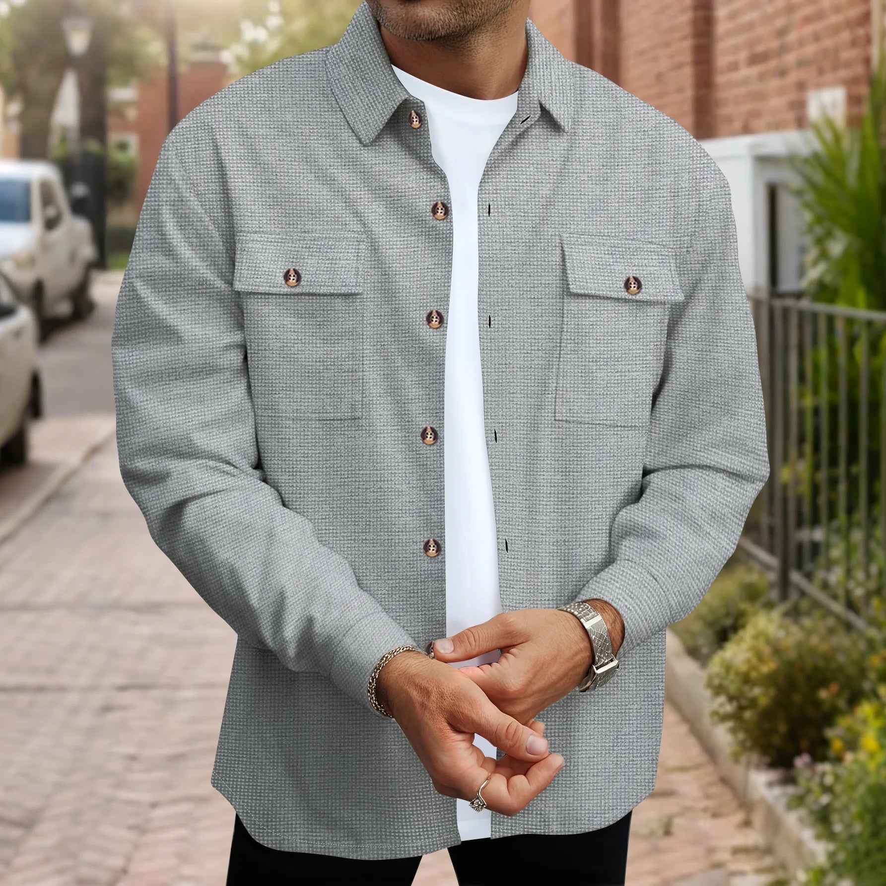 2025 Spring/Summer Men'S New Style Waffle Long-Sleeved Shirt for Daily Casual Wear with Double Pockets and Solid Collar Top