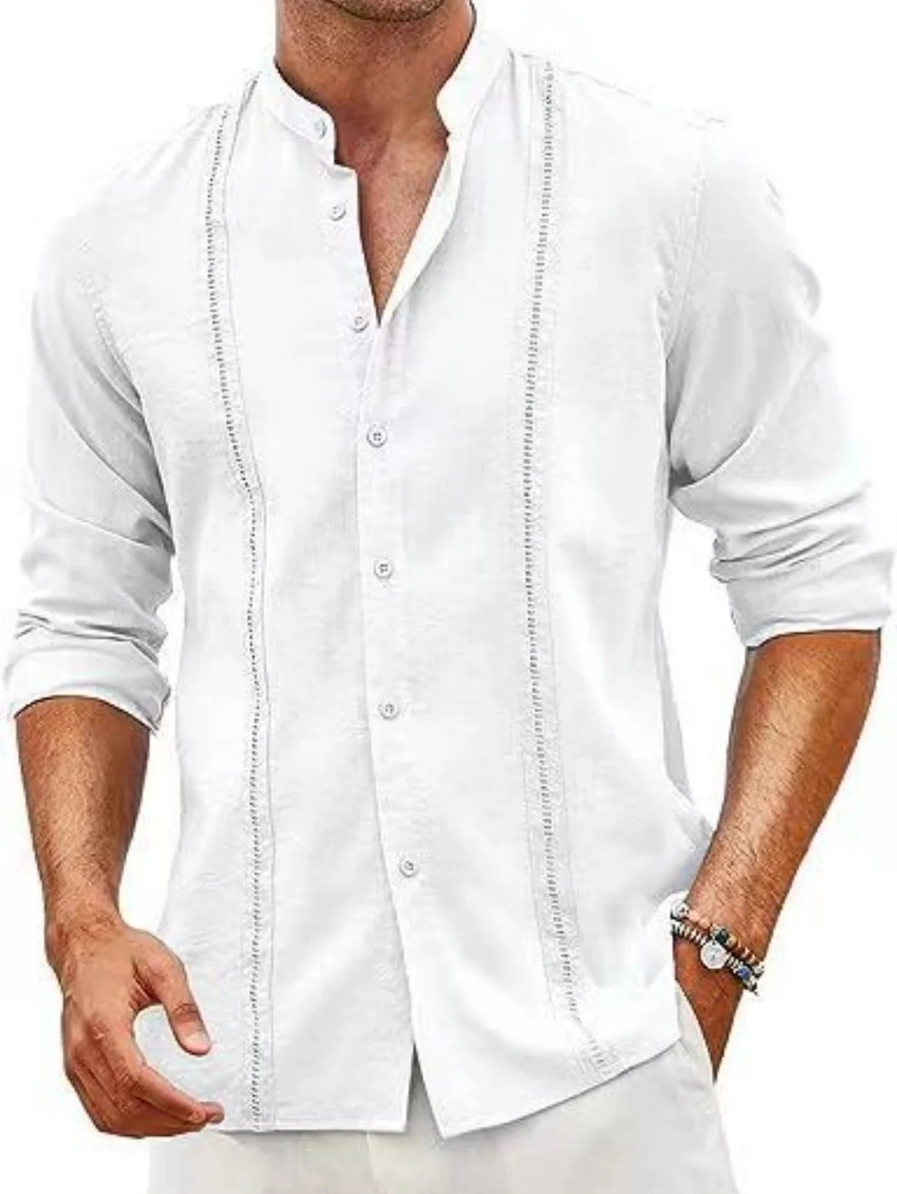New Men'S Stylish Cuban-Style Casual Shirt - Buttoned Summer Beach Vacation Cotton-Linen Crew-Neck Shirt - Fast Shipping