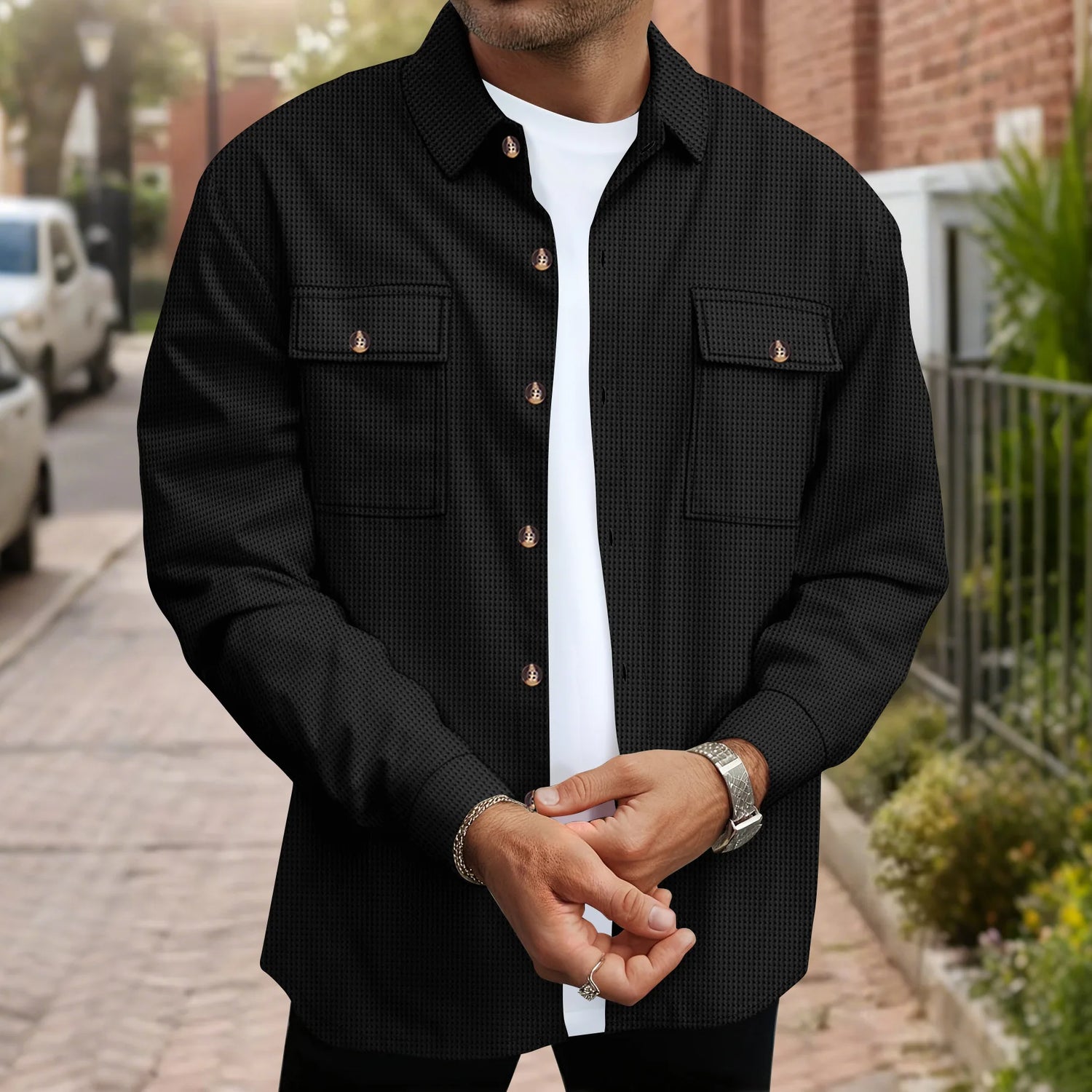 2025 Spring/Summer Men'S New Style Waffle Long-Sleeved Shirt for Daily Casual Wear with Double Pockets and Solid Collar Top