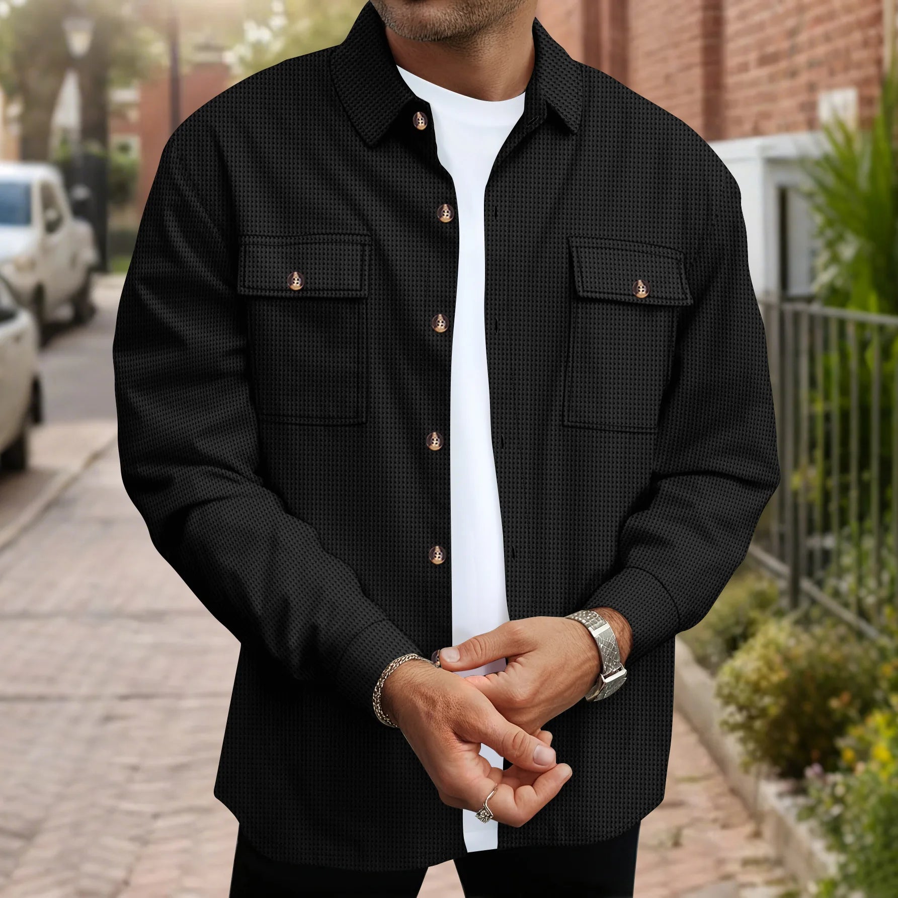 2025 Spring/Summer Men'S New Style Waffle Long-Sleeved Shirt for Daily Casual Wear with Double Pockets and Solid Collar Top