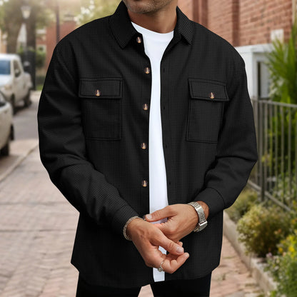 2025 Spring/Summer Men'S New Style Waffle Long-Sleeved Shirt for Daily Casual Wear with Double Pockets and Solid Collar Top
