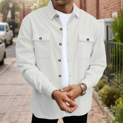 2025 Spring/Summer Men'S New Style Waffle Long-Sleeved Shirt for Daily Casual Wear with Double Pockets and Solid Collar Top
