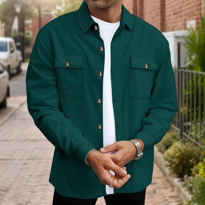 2025 Spring/Summer Men'S New Style Waffle Long-Sleeved Shirt for Daily Casual Wear with Double Pockets and Solid Collar Top