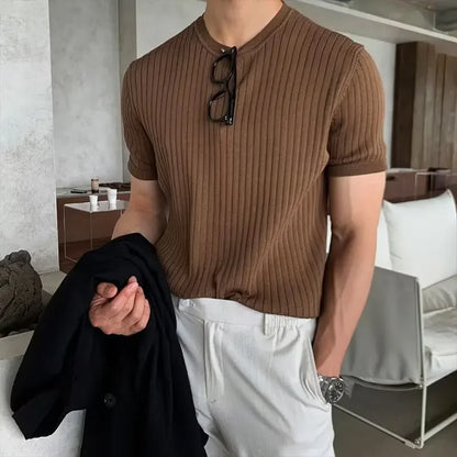 Summer Thin Ice Silk Knitted Top Men'S round Neck Slim Fit T-Shirt Trendy Short Sleeve Knitwear for Men