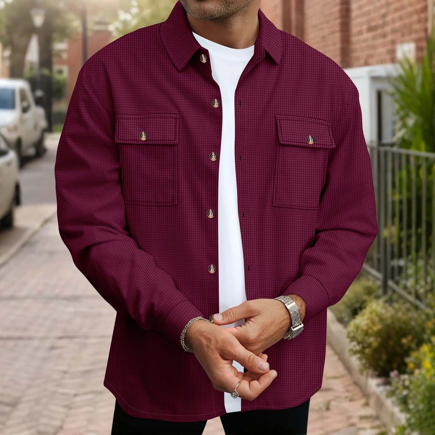 2025 Spring/Summer Men'S New Style Waffle Long-Sleeved Shirt for Daily Casual Wear with Double Pockets and Solid Collar Top