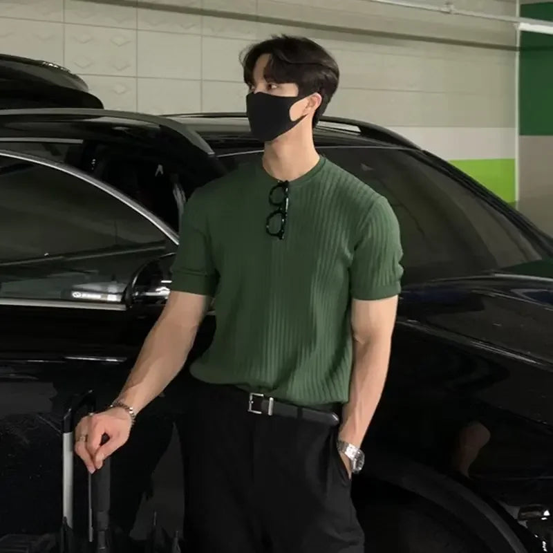 Summer Thin Ice Silk Knitted Top Men'S round Neck Slim Fit T-Shirt Trendy Short Sleeve Knitwear for Men