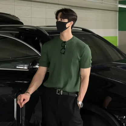 Summer Thin Ice Silk Knitted Top Men'S round Neck Slim Fit T-Shirt Trendy Short Sleeve Knitwear for Men