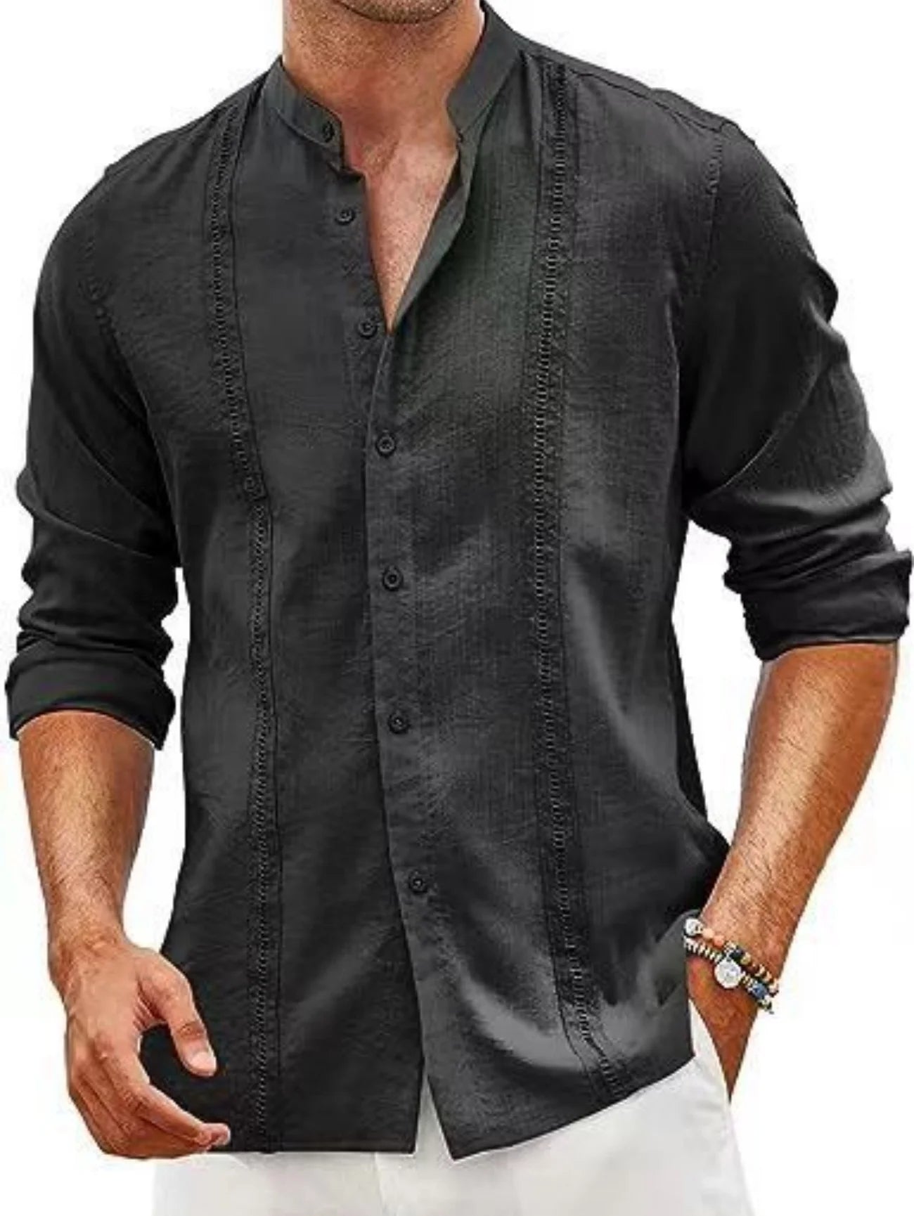 New Men'S Stylish Cuban-Style Casual Shirt - Buttoned Summer Beach Vacation Cotton-Linen Crew-Neck Shirt - Fast Shipping