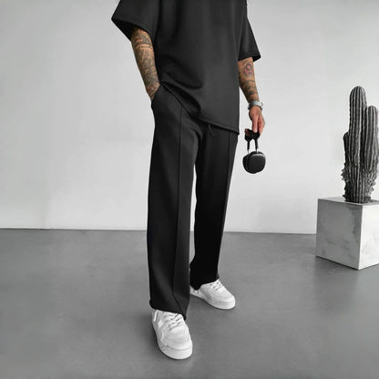 New Men'S Casual Pants, Stylish and Comfortable Elastic Waist Drawstring Single-Line Pleated Solid Color Pocket Mops Pants