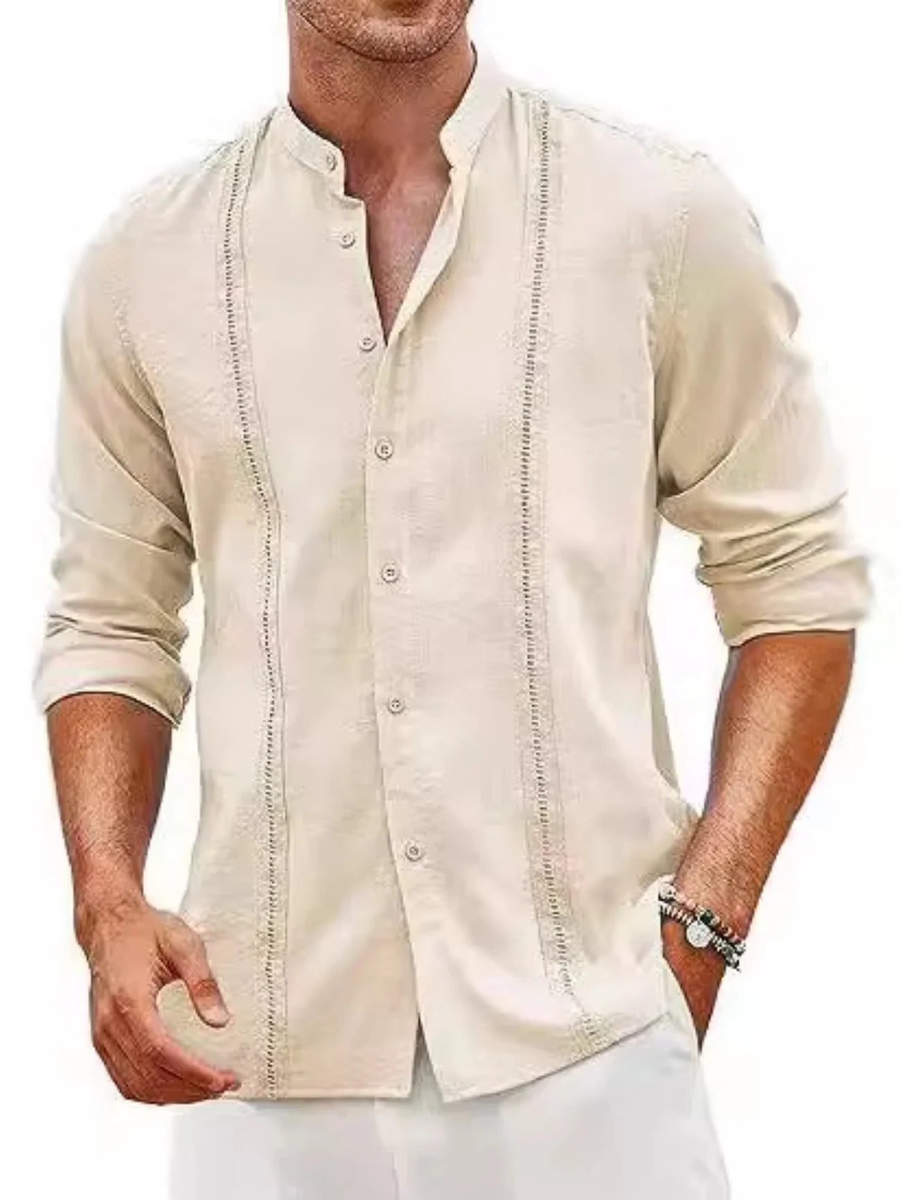 New Men'S Stylish Cuban-Style Casual Shirt - Buttoned Summer Beach Vacation Cotton-Linen Crew-Neck Shirt - Fast Shipping