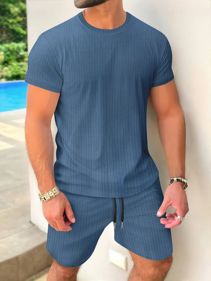 Summer Men'S Short-Sleeved and Shorts Set Simple and Casual High-Quality Outdoor Men'S Clothing Wear Fashionable Loose Pullover